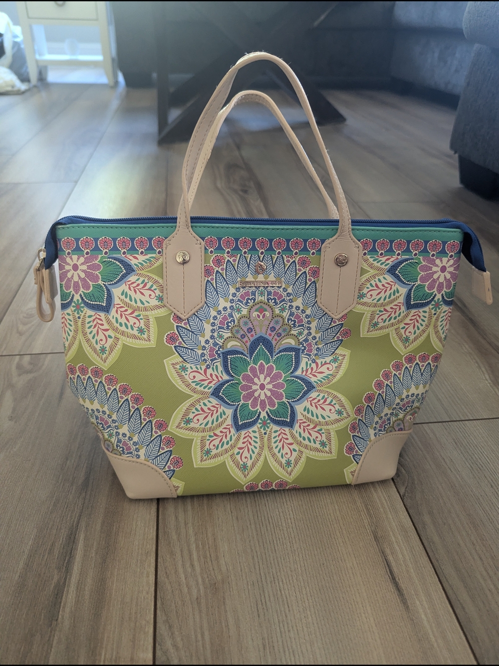 Spartina 449 Green Floral Mandala Tote with Cream Trim